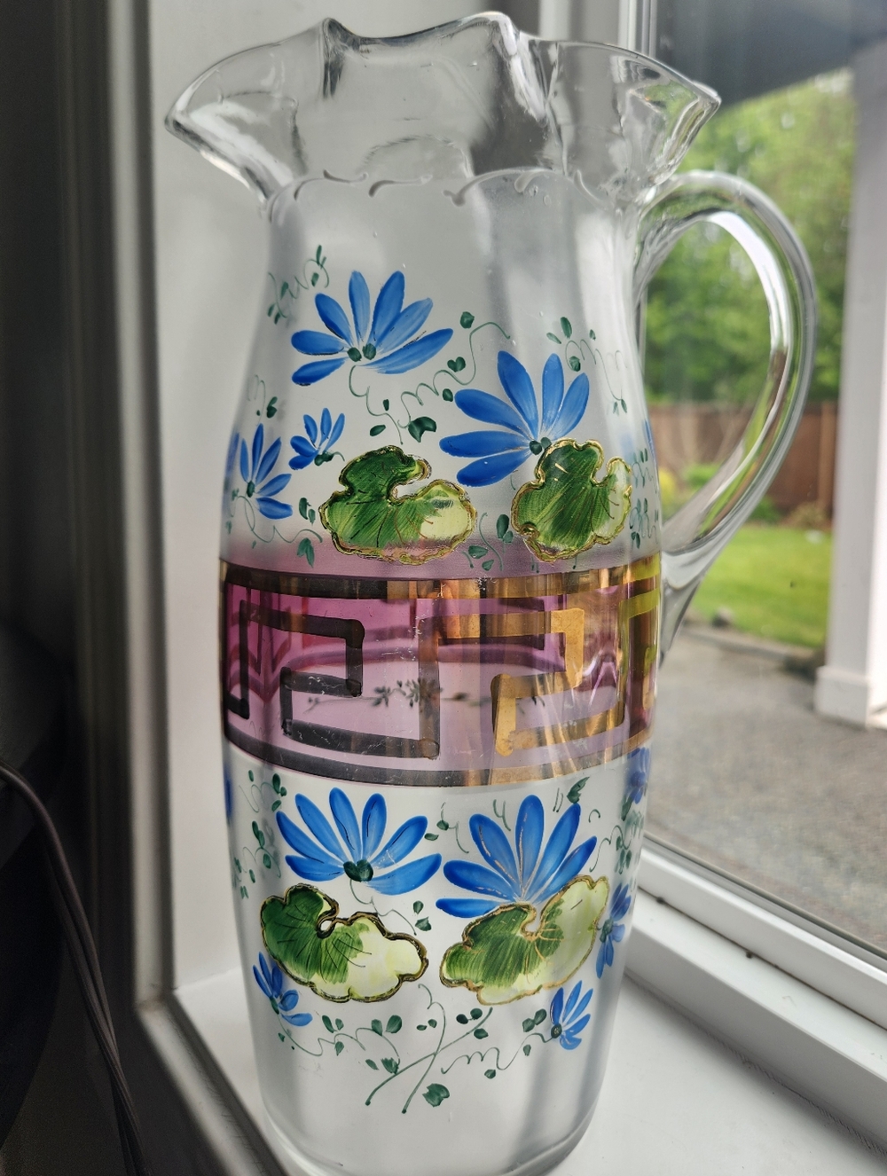 Vintage Blue Floral Hand-Painted Hand Blown Glass Pitcher Gold Accents